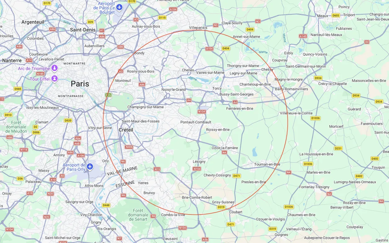 Zone d'intervention - 15km autour de Pontault-Combault